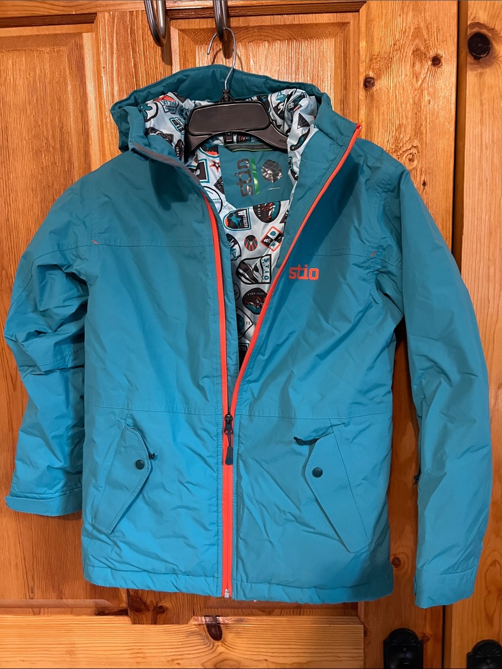 Stio Teal Kids Hooded Ski/Snow Jacket with Coral Zipper